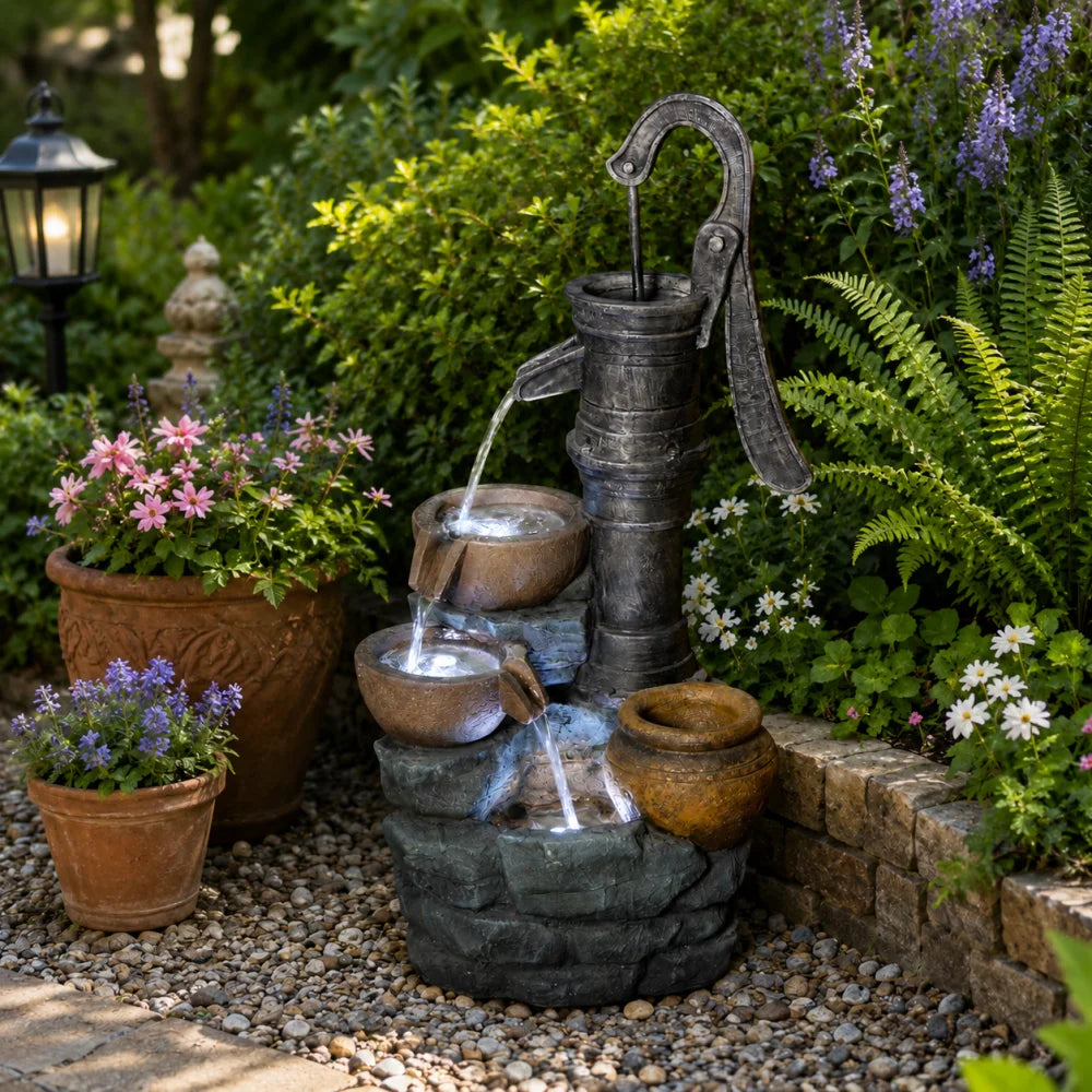 32" H Large Outdoor Fountains with Vintage Pump Ideal for Patio Yards Outdoor Gardens and Home Art Decor Crafted from Weather-Resistant Materials for Year-Round Use