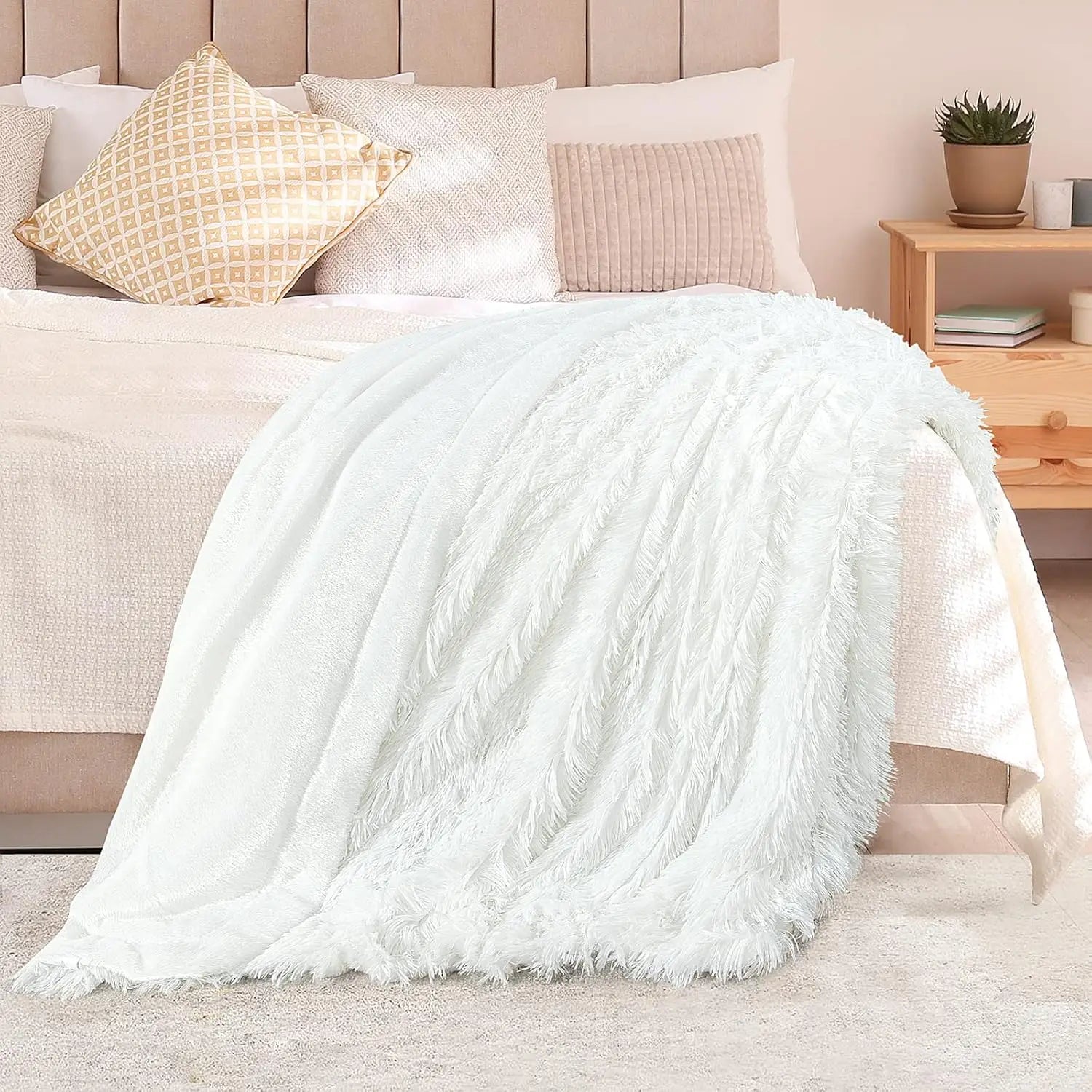 Extra Soft Fuzzy Faux Fur Throw Blanket 50x60, Reversible Lightweight Fluffy Cozy Plush for Couch Sofa Bed, Pure White