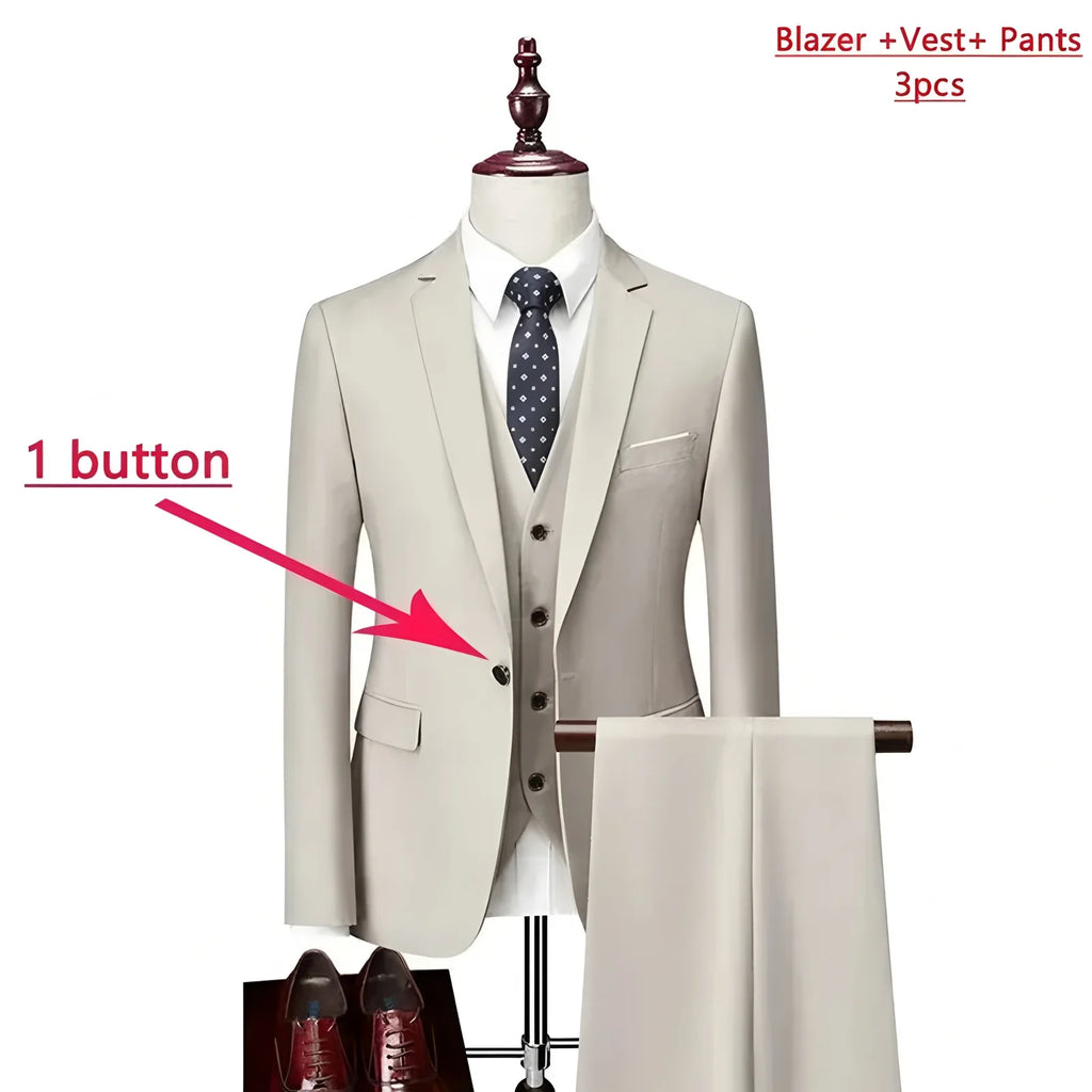 Men Lapel Black Collar 3 Pcs Suit Set Coat Vest Trousers / Business Groom Wedding Dress Fprmal Blazer Pants Waistcoat