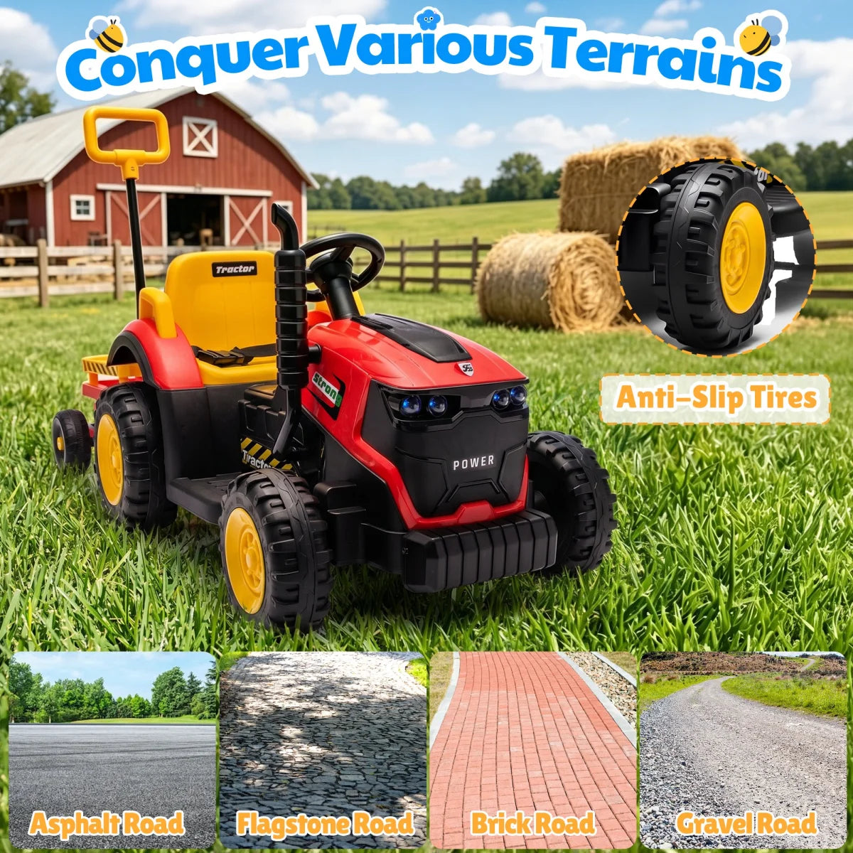 12V Kids Electric Ride On Tractor With Removable Trailer, Remote Control & Manual Drive 2 Modes, Bluetooth Music LED Light, Children Farm Ride‑on Car Toy Gift for Kids Boys Girls