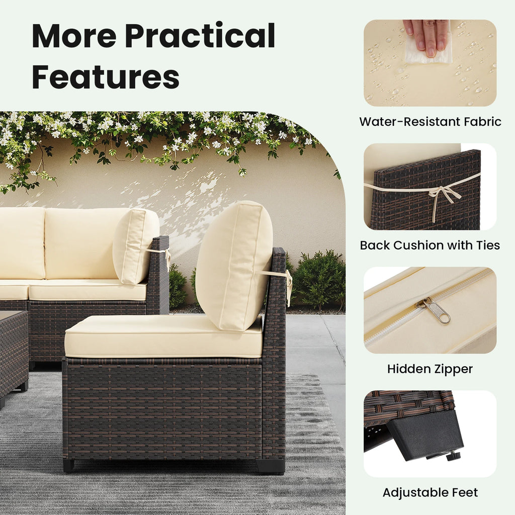 7 Piece Patio Furniture Set, Outdoor Sectional Rattan Conversation Set for Garden, Porch, Backyard