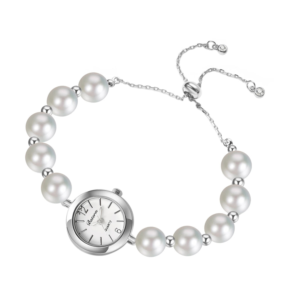 Women's faux pearl beaded bracelet watch, adjustable sliding clasp strap, quartz analog dial, faux diamond embellishments, Arabic numeral markers, stylish and exquisite, a perfect gift for girls and women