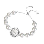 Women's faux pearl beaded bracelet watch, adjustable sliding clasp strap, quartz analog dial, faux diamond embellishments, Arabic numeral markers, stylish and exquisite, a perfect gift for girls and women