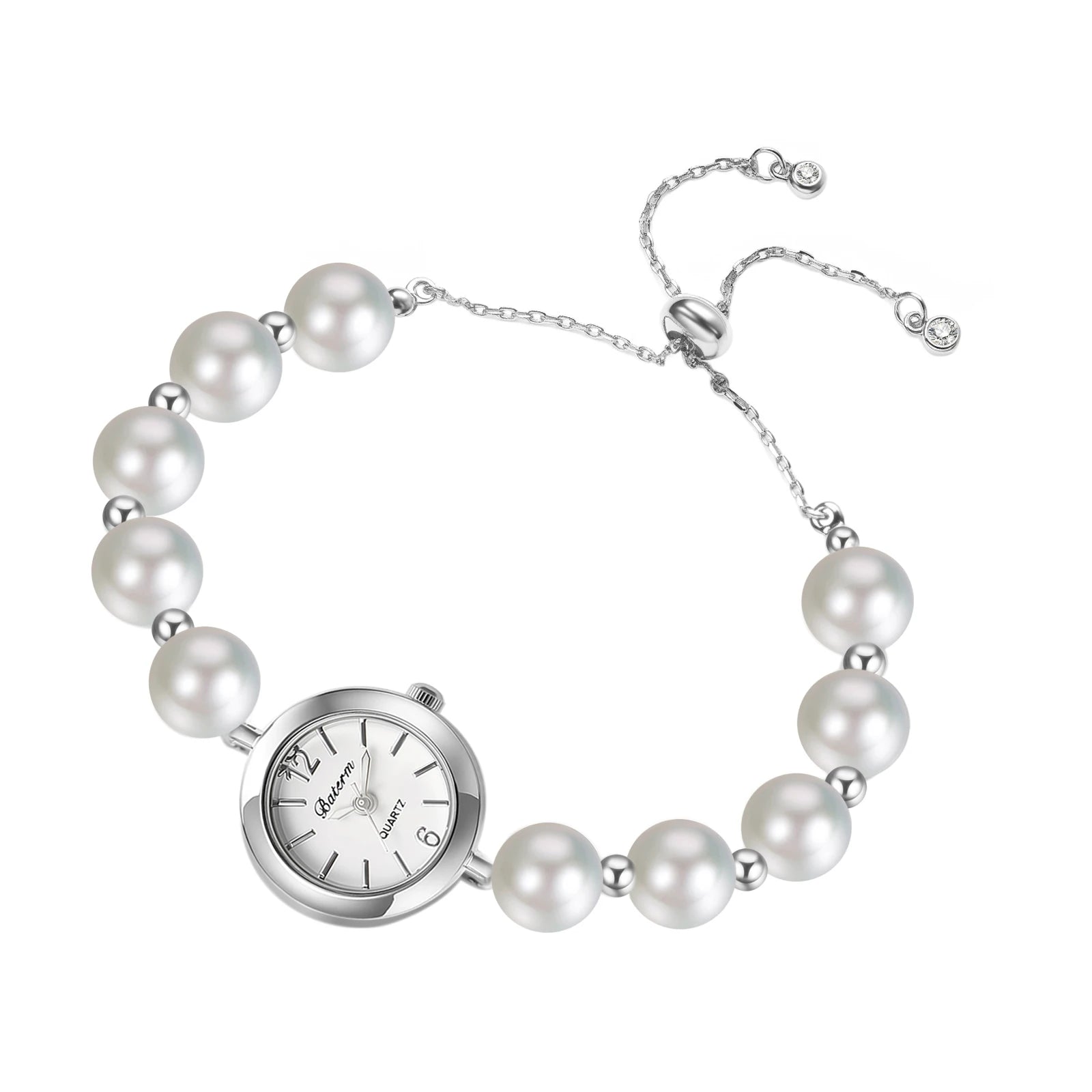 Women's faux pearl beaded bracelet watch, adjustable sliding clasp strap, quartz analog dial, faux diamond embellishments, Arabic numeral markers, stylish and exquisite, a perfect gift for girls and women