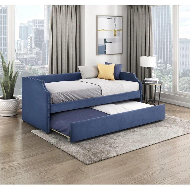 Modern Blue Textured Fabric Daybed with Trundle, Wooden Frame, Ready-to-Assemble