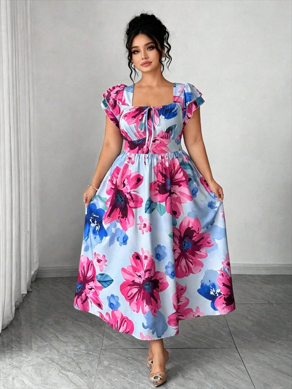 Plus Size Floral Printed Elegant Women Dress A-Line Midi Square Cap Sleeve Slim Waist Daily Dating Summer Casual Outfit