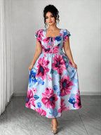 Plus Size Floral Printed Elegant Women Dress A-Line Midi Square Cap Sleeve Slim Waist Daily Dating Summer Casual Outfit