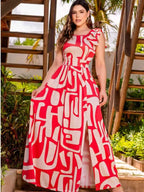 Plus size red and white geometric abstract print sleeveless maxi dress; single side bow waist cinching side slit flared hem vacation maxi dress