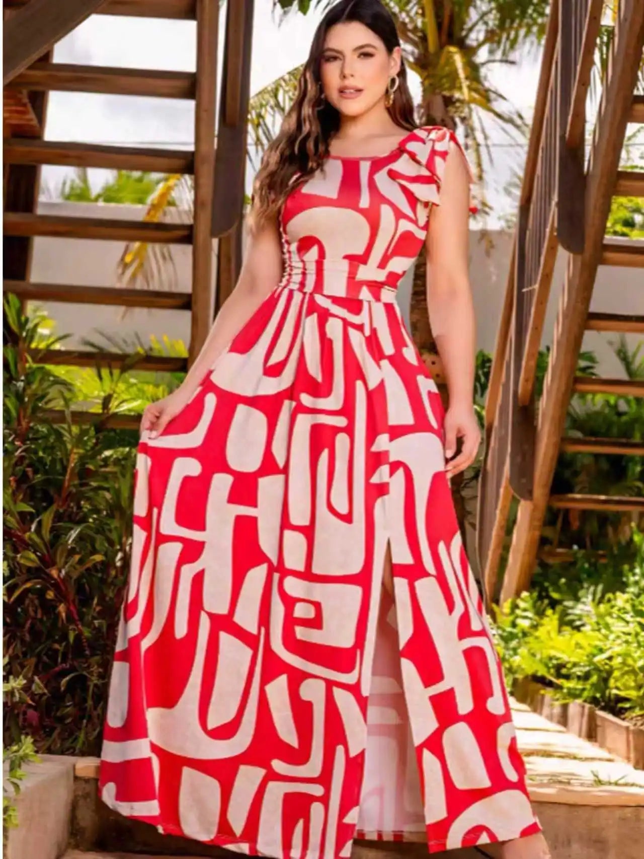 Plus size red and white geometric abstract print sleeveless maxi dress; single side bow waist cinching side slit flared hem vacation maxi dress