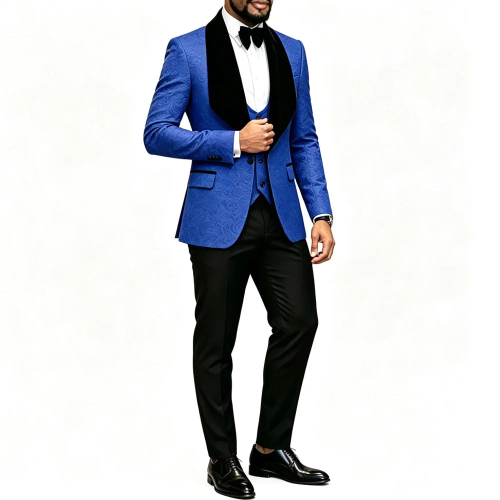 Mens 3 Piece Floral Tuxedo, Jacquard Slim Suit Set, Paisley Blazer Vest And Pants For Prom Wedding