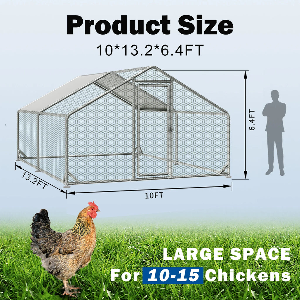 Large Metal Chicken Coop Upgrade with Tri - Supporting Structure and Hexagonal Wire Mesh, Chicken Pen with Waterproof and Anti - UV Cover, Walk - in Chicken Coop, Outdoor Duck and Rabbit House (13’ L x 10’ W x 6.5’ H)