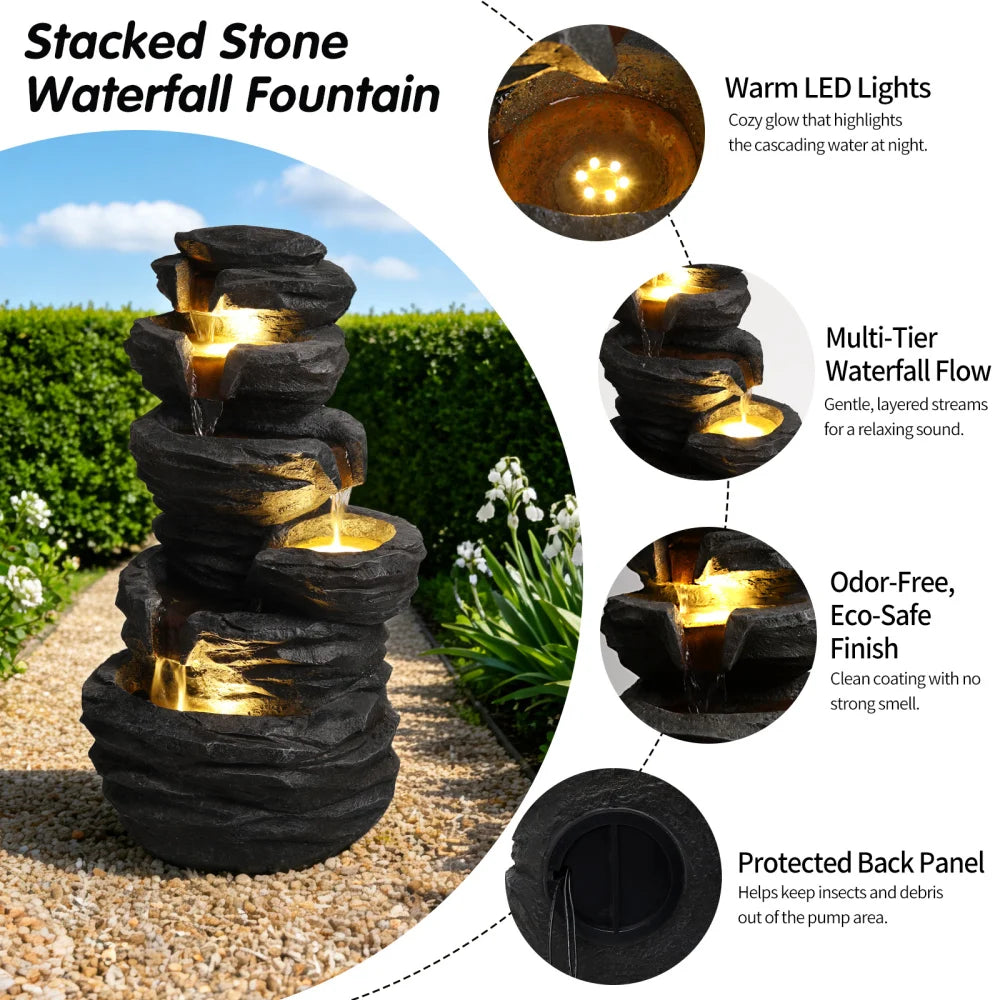 Outdoor Rock Water Fountain with Lights Multi Tier Cascading Waterfall Resin Garden Fountain for Patio Yard Porch Landscape