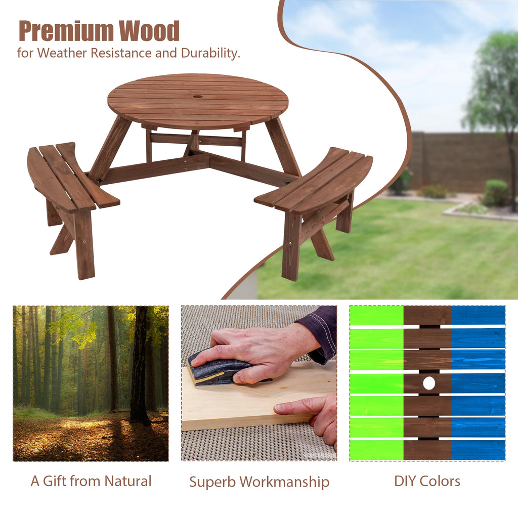 Solid Wood Round Outdoor Picnic Table with 3 Curved Benches, Weatherproof Wooden,Outdoor Patio Dining Furniture with Umbrella HoleWeather Resistant Patio Dining Furniture Set for Garden Backyard Deck