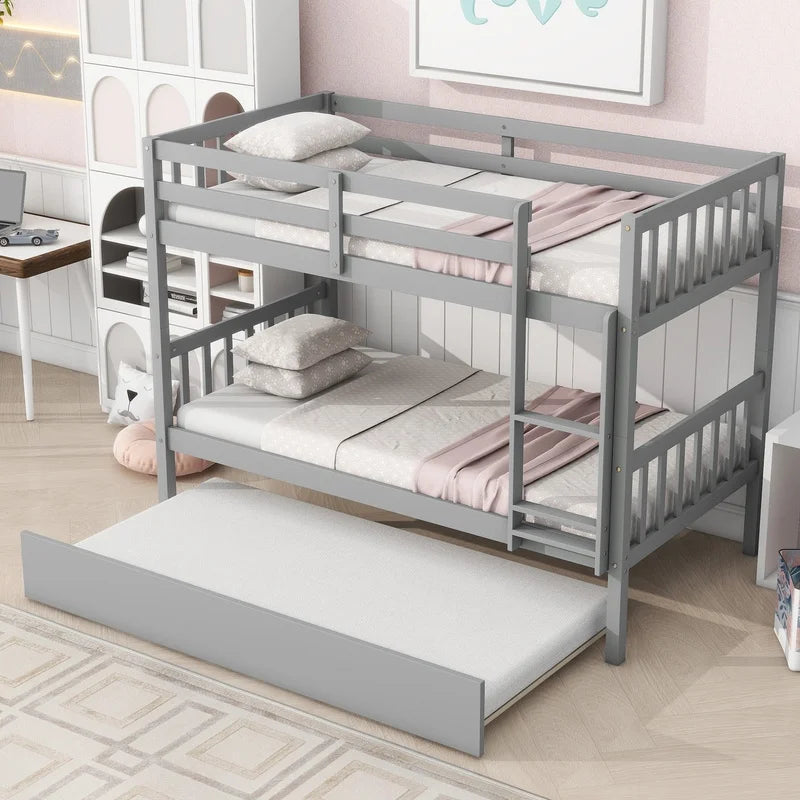 Grey Twin Over Twin Bunk Bed with Trundle, Convertible to Two Twin Beds, Includes Ladder and Guardrails