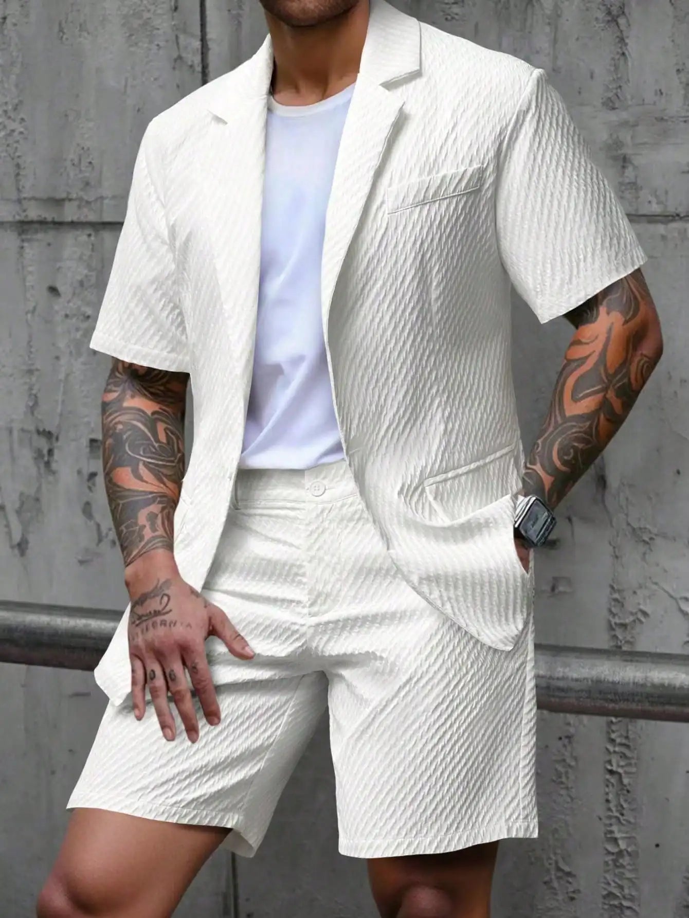 2pcs Men's Short Sleeve Suit Jacket And Shorts Set, Casual And Fashionable Daily Wear, Suitable As Gift For Male Friends