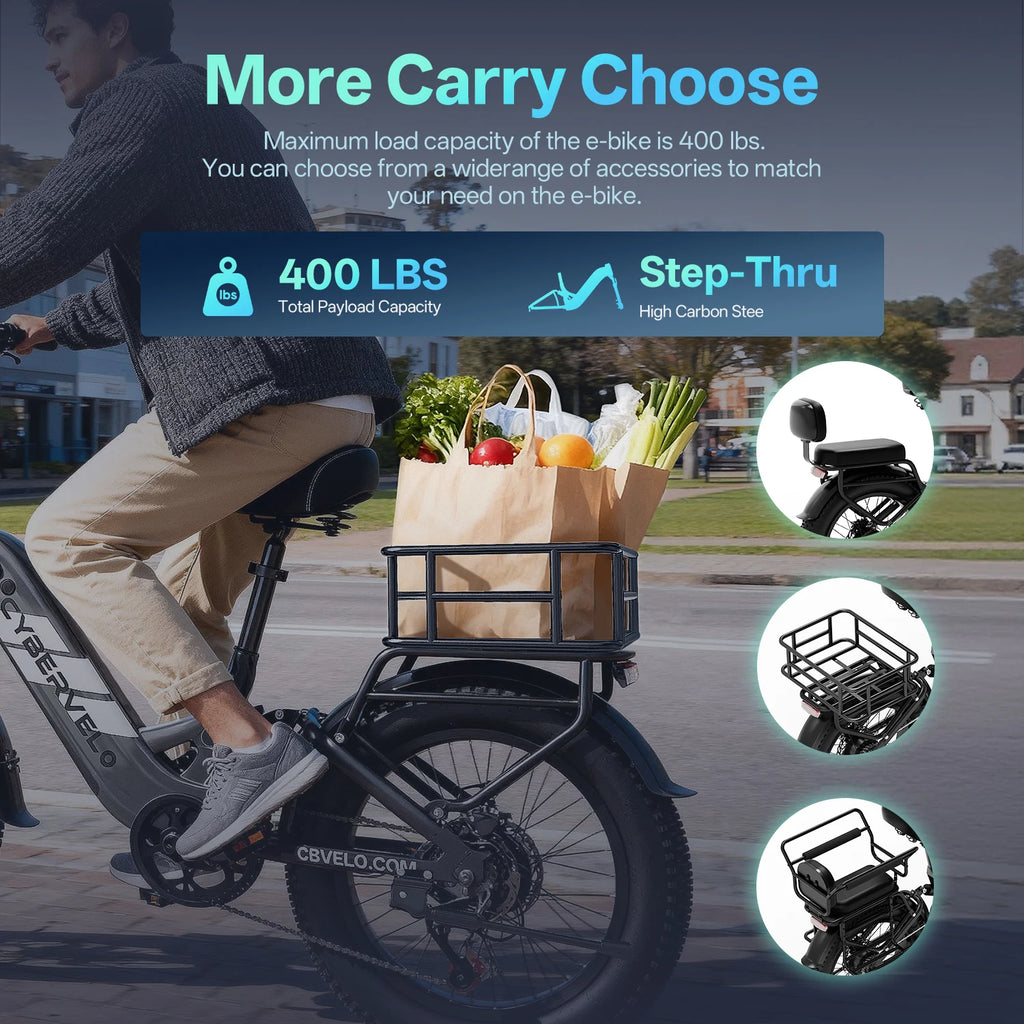 1000W Peak 20" Fat Tire Step-Thru Electric Bike 7-Speed City Commuter Ebike, 48V 20AH Removable Battery for Adults Cybervelo EK12