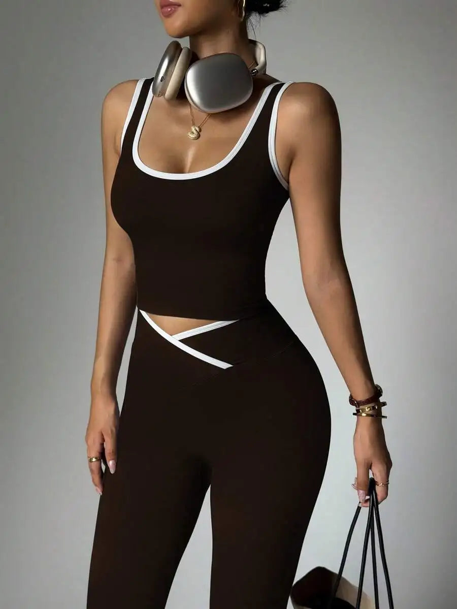 Women's High-Waisted Yoga & Fitness Set - Colorblocked Athletic Top And Leggings, Stretchy Polyester Blend, Perfect For Running