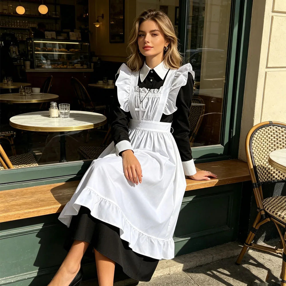 Women Gothic Nun Maid Cosplay Costume Long Sleeve Black Dress White Ruffle Apron Cross Pendant Vintage Victorian Lolita Outfit Halloween Carnival Cafe Waitress Uniform