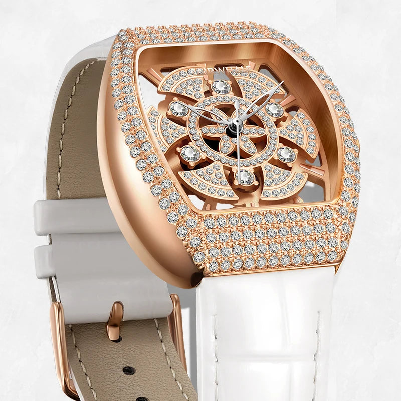 Mark Fairwhale Luxury Rotating flower dial Women's Watches Quartz Skeleton Tonneau Leather Diamond fully encrusted Watches for women