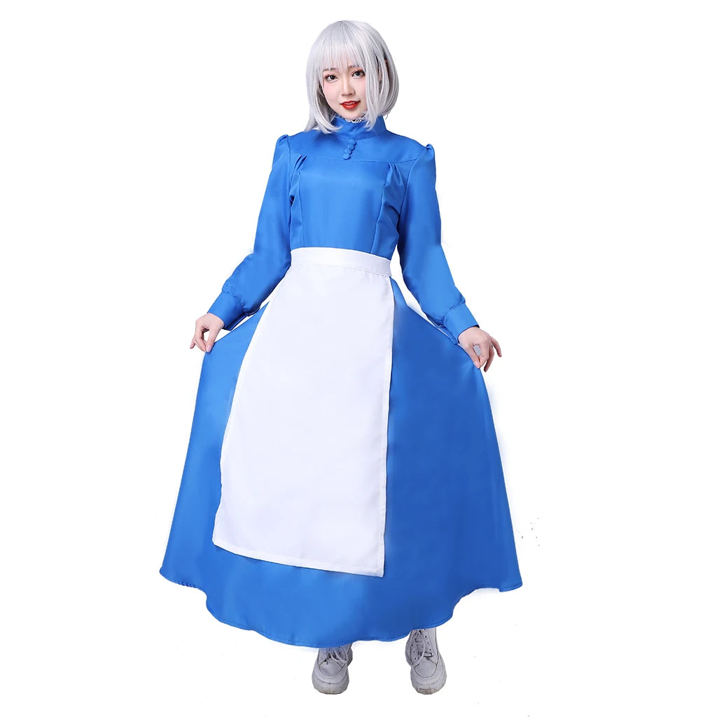 Women Sophie Blue Dress Cosplay Costume with Apron anime blue maid dress