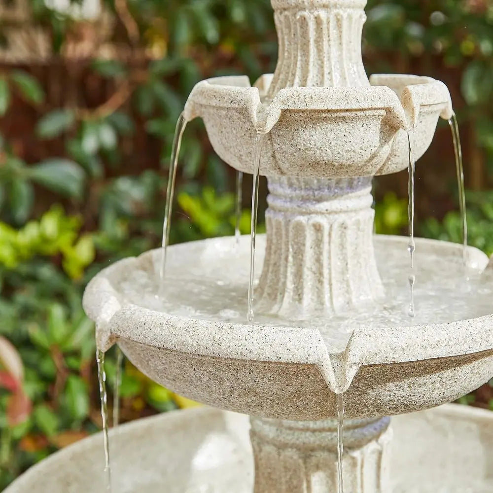 3-Tier Resin Patio Waterfall with Pump and LED Light, Sand Beige Outdoor Floor Fountain for Garden and Backyard