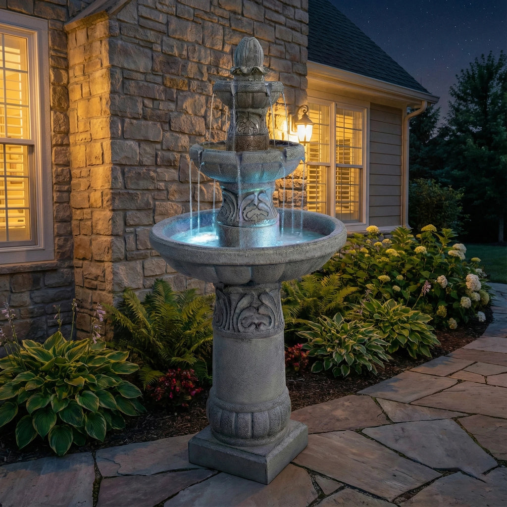 52 Inch Height 3-Tier Outdoor LED Garden Water Fountain, Large Floor-Standing Resin Cascading Bubbler Waterfall Fountain with Pump, Decorative Outdoor Fountain for Backyard, Patio, Yard & Home Decor