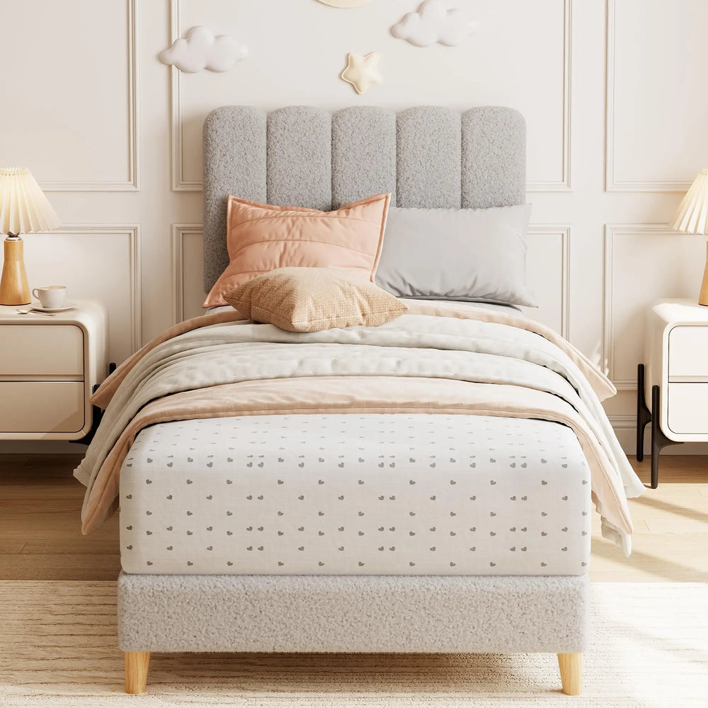 Upholstered Platform Bed Frame With Wave Headboard For Girls And Kids Sturdy Wooden Slats No Box Spring Needed Easy Assembly Twin XL Size Lambswool Light Gray