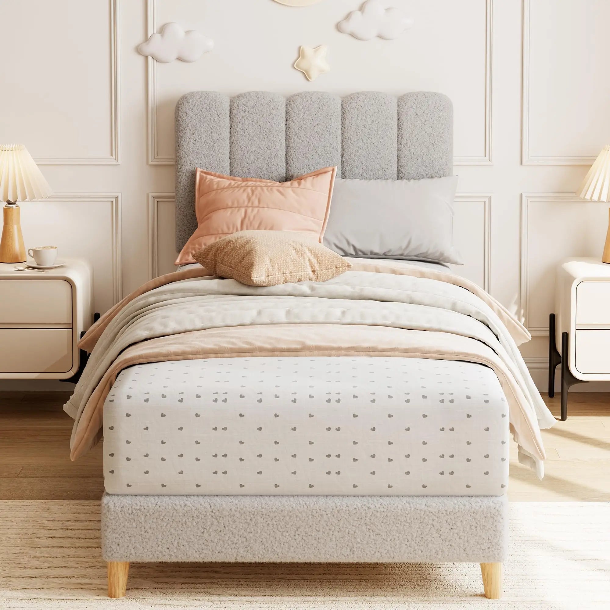 Upholstered Platform Bed Frame With Wave Headboard For Girls And Kids Sturdy Wooden Slats No Box Spring Needed Easy Assembly Twin XL Size Lambswool Light Gray