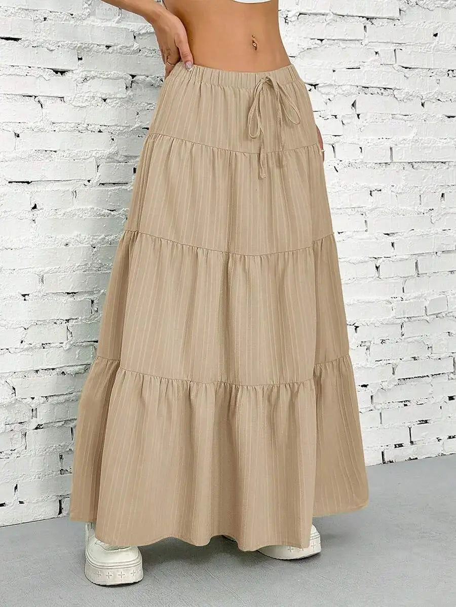 Flared Long Skirt Spring Summer Women Euro American Loose Tie Strap Splice Midi Skirt Light Soft Fabric Flowy Vacation Daily Casual Bottoms