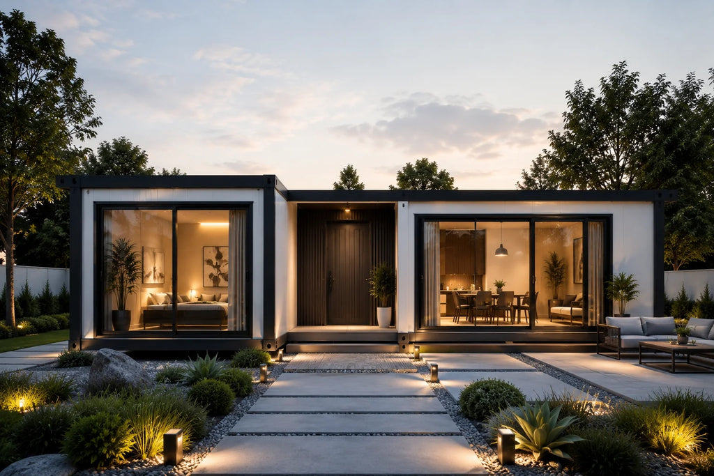 Portable Modular House Bedroom Bathroom Kitchen Beachside Vacation Rental Living with Ocean View and Sunset Relaxation Deck