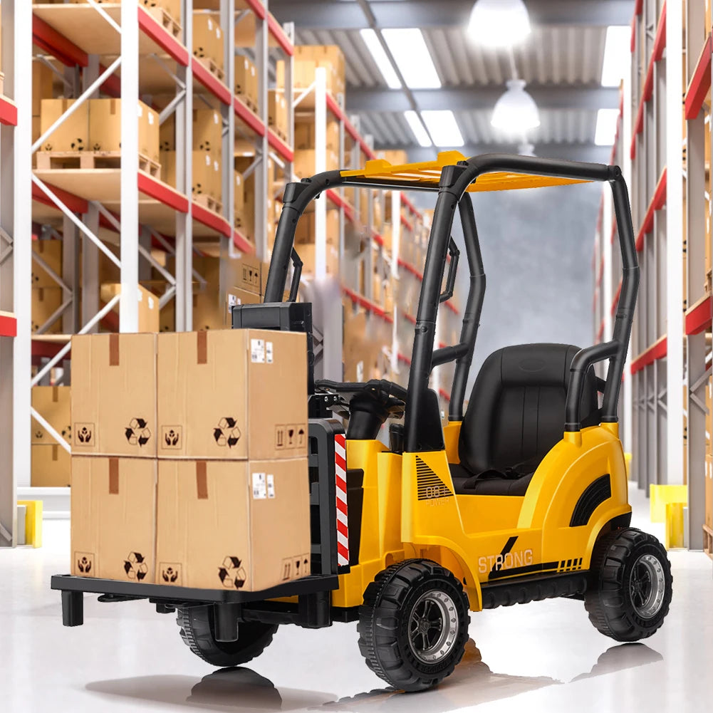 12V Kids Ride on Forklift Car with Tent, Electric Ride On Construction Car with Remote Control, Liftable Fork and Pallet, 2 Speeds, Music, USB, MP3 and Low-Power Alarm