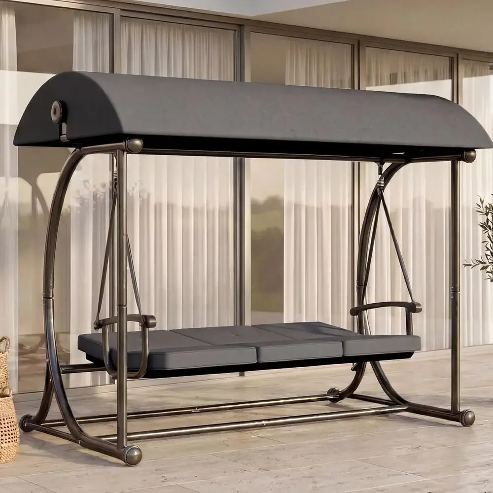 Adjustable 2-in-1 Porch Swing Bed with Cushion, Outdoor Swing Bench, Grey