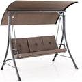 3-Seat Outdoor Porch Swing with Adjustable Canopy, Armrests, Metal Frame and Thickened Cushions for Garden, Poolside & Deck