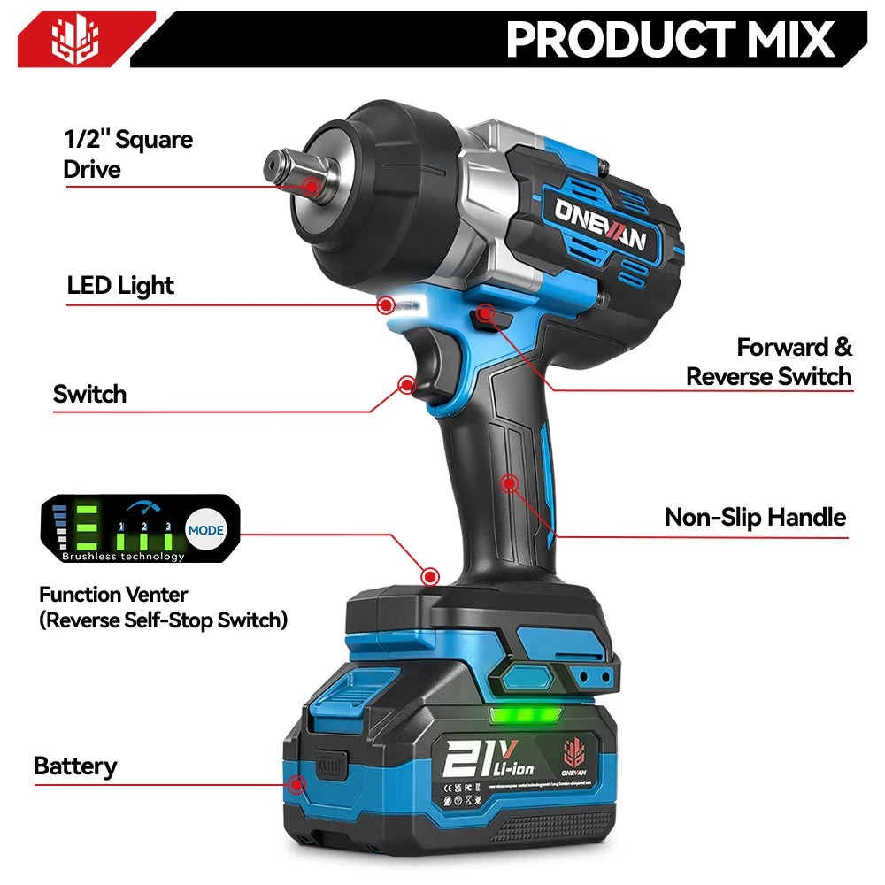 ONEVAN 2800N.M High Torque Brushless Electric Wrench Cordless 1/2 Inch Screwdriver Impact Drill Tool For Makita 18V Battery Pin