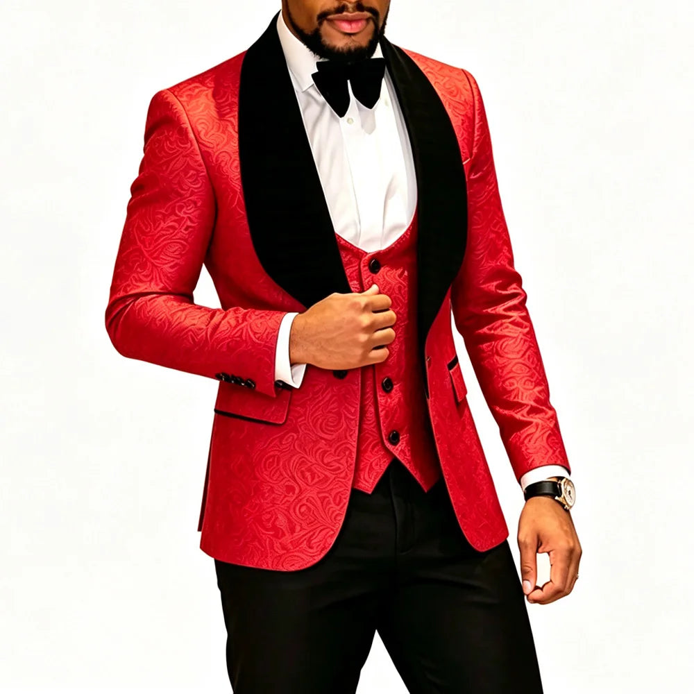 Mens 3 Piece Floral Tuxedo, Jacquard Slim Suit Set, Paisley Blazer Vest And Pants For Prom Wedding