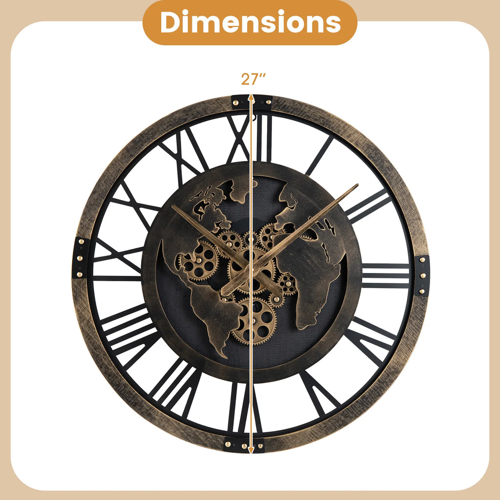 Large Wall Clock, 27” Gear Clock w/ World Map, Non-Ticking Decorative Metal Clock