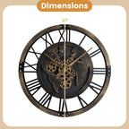 Large Wall Clock, 27” Gear Clock w/ World Map, Non-Ticking Decorative Metal Clock