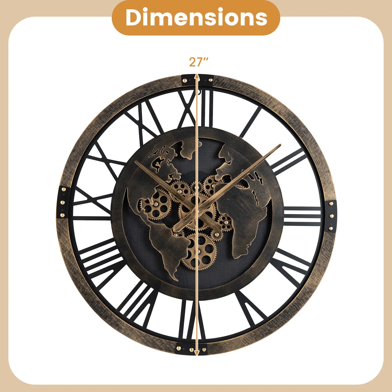 Large Wall Clock, 27” Gear Clock w/ World Map, Non-Ticking Decorative Metal Clock