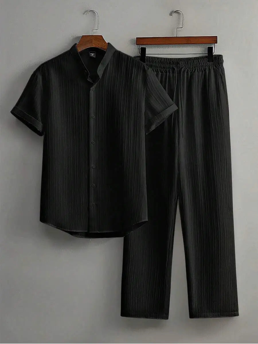 Mens Summer Solid Color Short Sleeve Stand Collar Shirt And Elastic Drawstring Pants Casual Co-ords Set