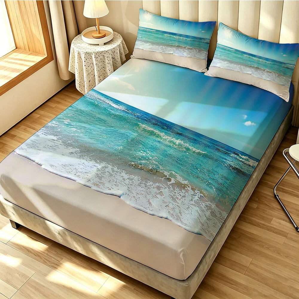 3pcs blue ocean Printed Coreless Bed Sheet Summer Set Multi Size Comfortable Bedding Decoration Machine Washable