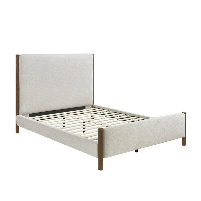 Queen Platform Bed, Soft Beige Chenille Upholstered, Solid Wood Frame, Modern Contemporary Design