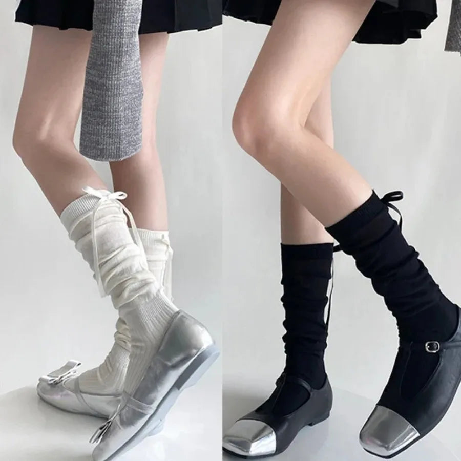 1/2/5 Pairs Lolita Long Socks Women Summer Ultra Thin Breathable Bandage Ribbon Bow Sweet Girls JK Style Black White Stockings