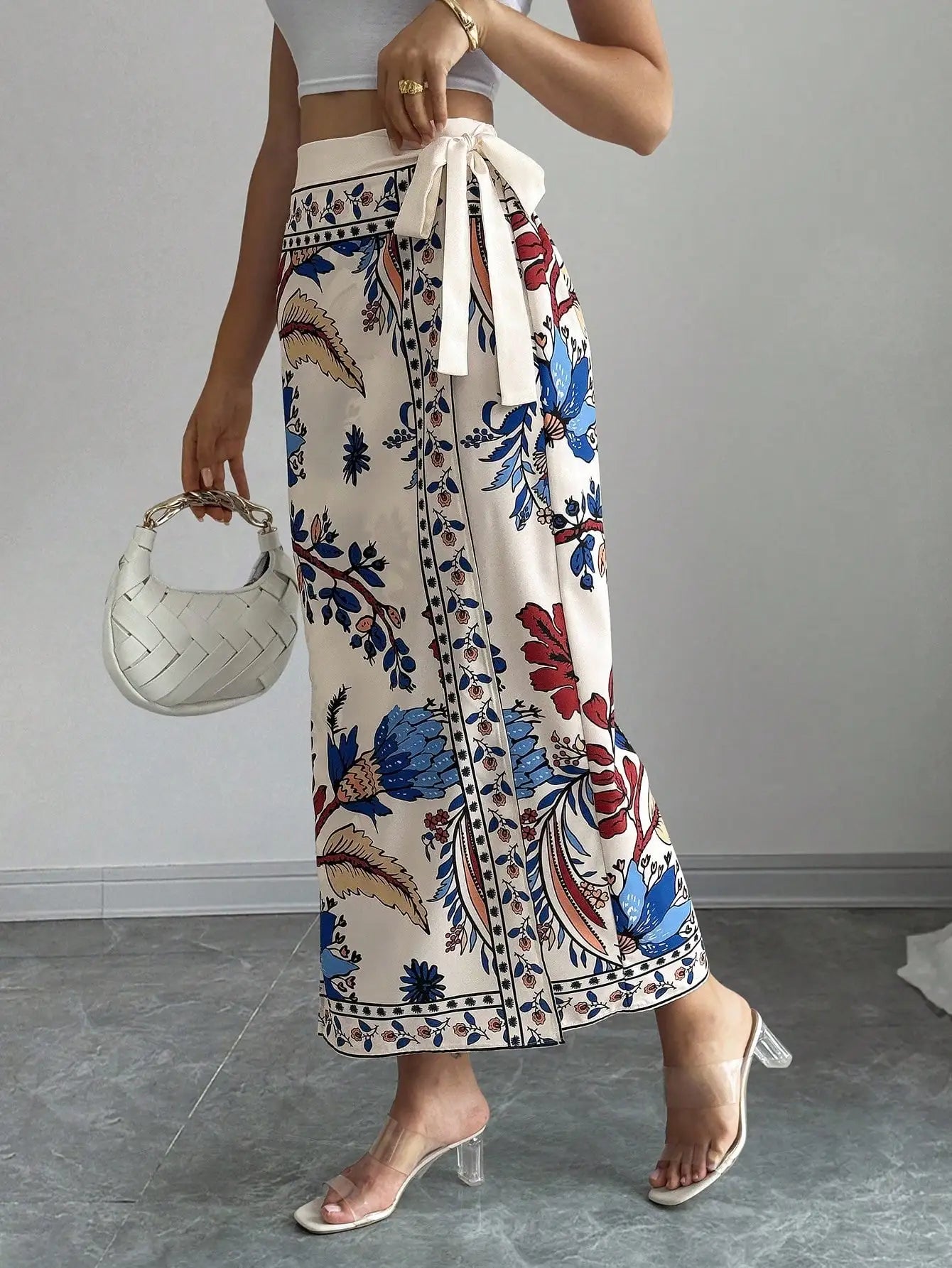 Elenzga Women's Elegant Floral Print Wrap Tie Straight Skirt, Vacation Style
