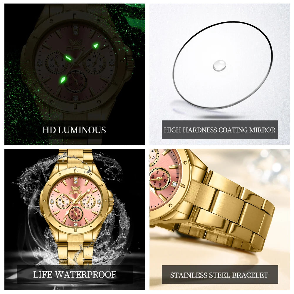 OPK 6001 Original Quartz Movement Elegance Watch For Women Chronograph Stainless Steel Three Simple Small Dials HD Luminous Function Life Waterproof Watch