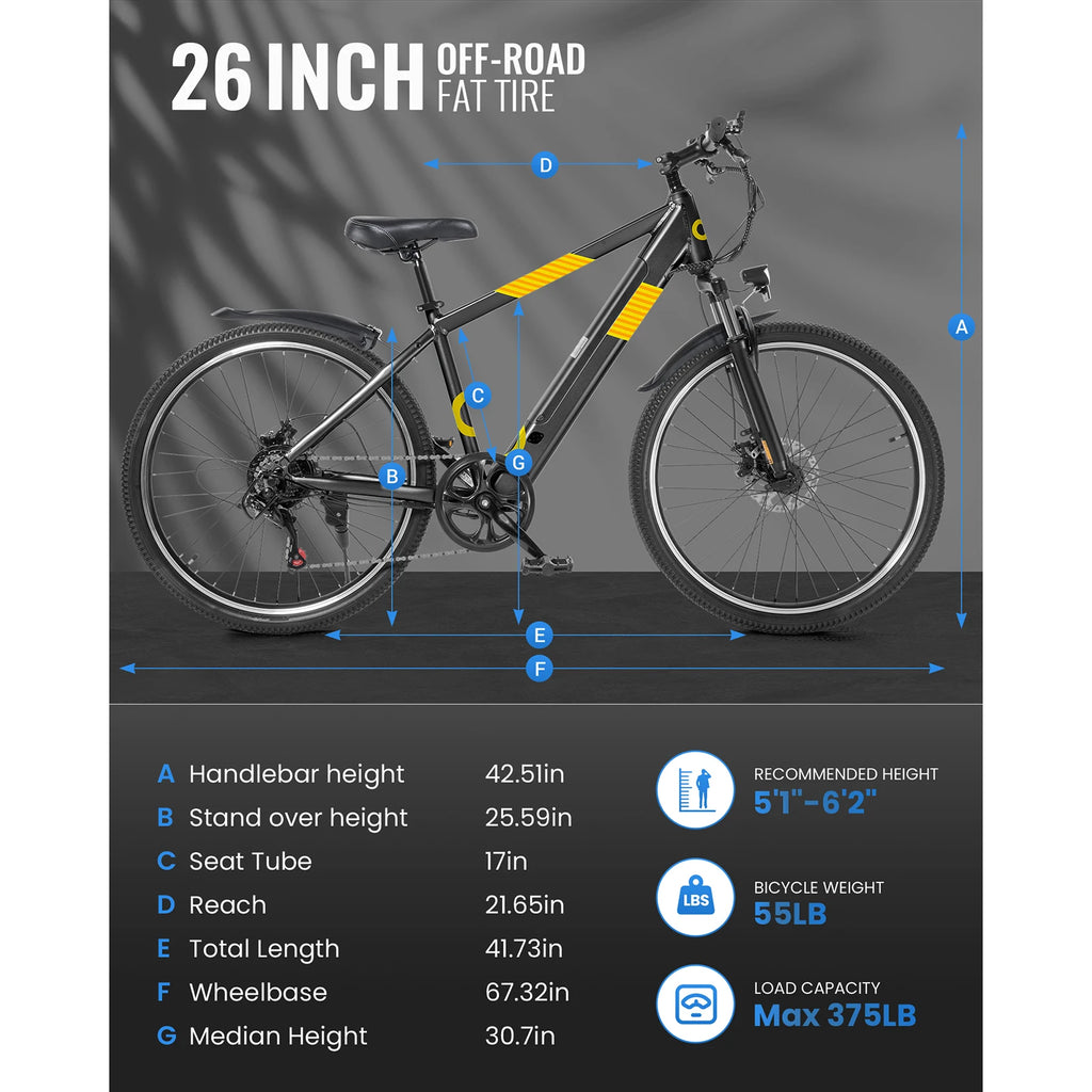 550W Adult electric mountain bike 26", 48V built-in hidden removable battery, up to 50 miles, urban commuter bike.