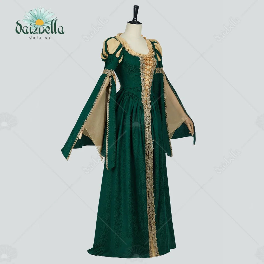 US Stock DAIZBELLA Women Medieval Renaissance Costume Pseudo-two-piece Vintage Renaissance Fair Dress with Wide Sleeves Lace