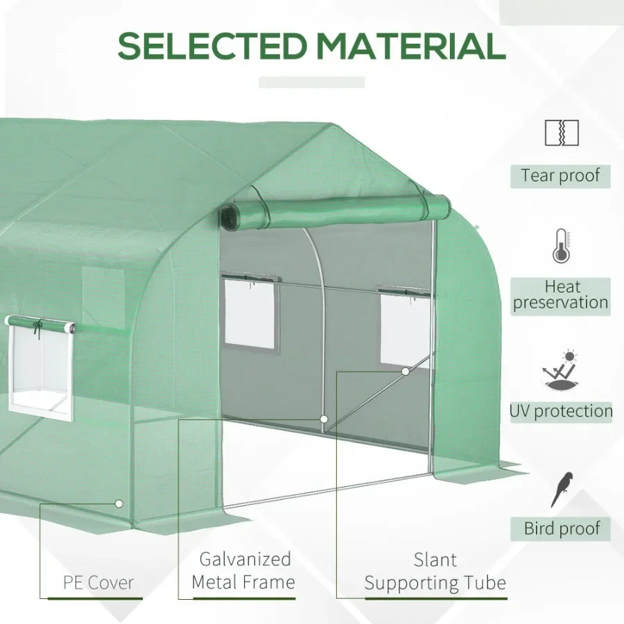 Outdoor High Tunnel Greenhouse for gardening, polyethylene-coated steel frame, deep green, portable with roll-up windows and ve