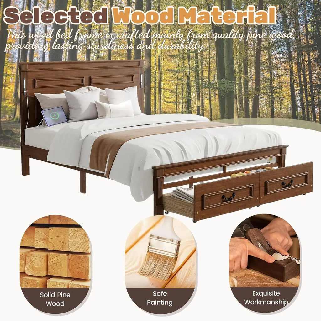 Farmhouse Queen Platform Bed Frame 46" Tall Headboard Solid Wood 2 Storage Drawers LED USB Charging No Box Spring Walnut Custom