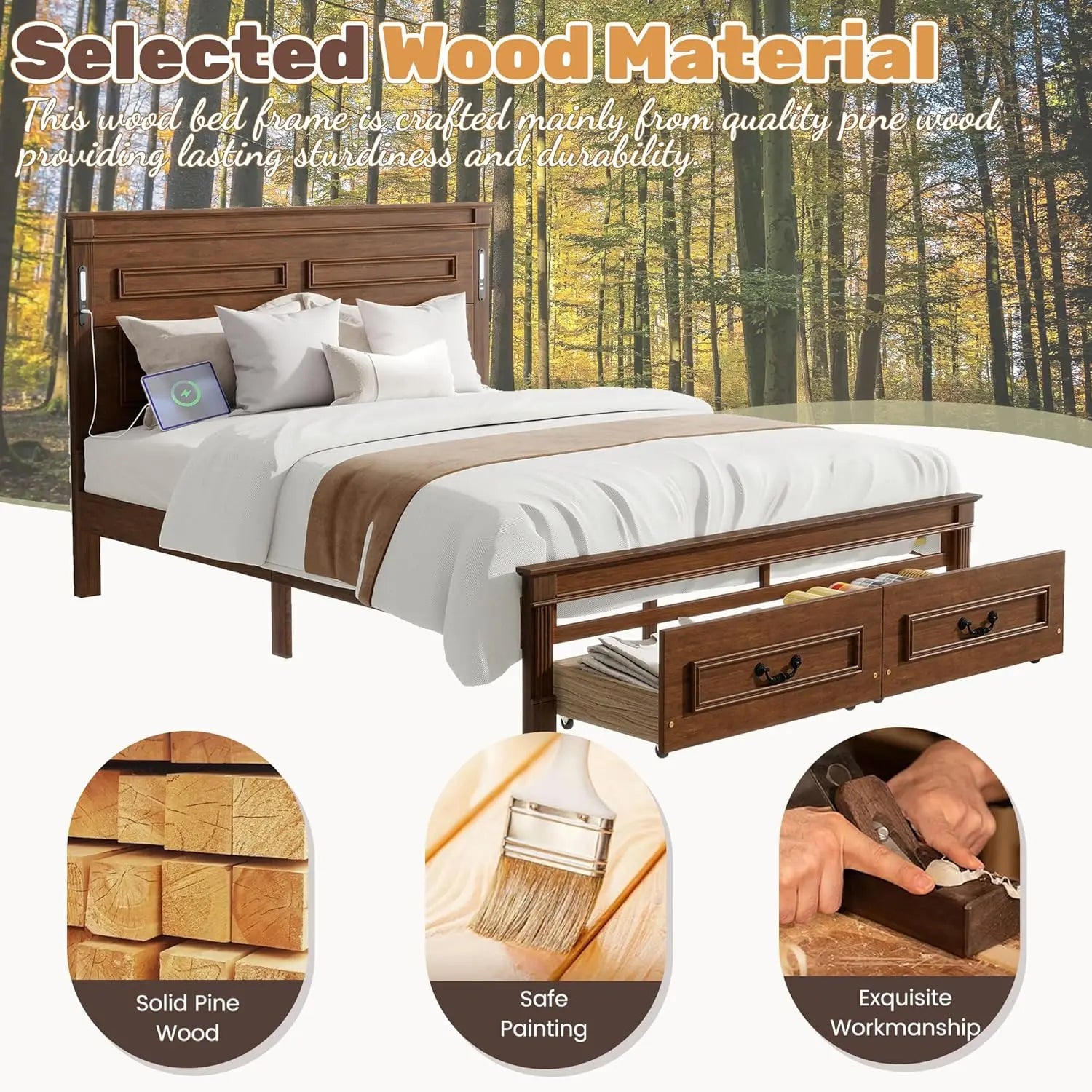 Farmhouse Queen Platform Bed Frame 46" Tall Headboard Solid Wood 2 Storage Drawers LED USB Charging No Box Spring Walnut Custom