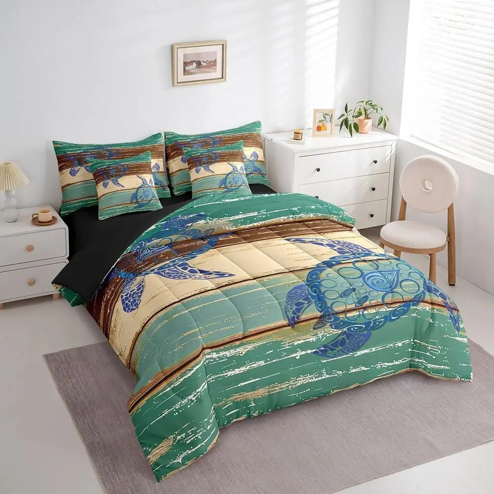 7-Piece Sea Turtle Bedding Set in Vintage Geometric Stripe, Ocean-Themed Queen Comforter